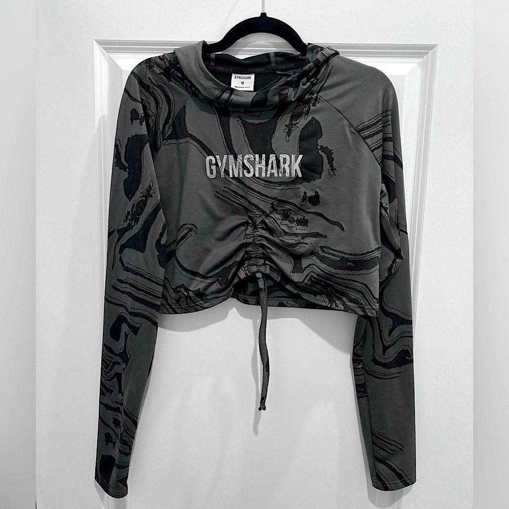 GYMSHARK Marble Long Sleeve Hooded Shirt Cropped Gymshark